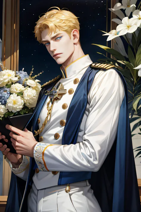 (absurdres, highres, A highly detailed), 1 male, 独奏, mature, handsome, tall muscular guy, broad shoulders, complex details, Colored, highest details, fantaisie, royal, nobleman, Admiral, short hair hair, blonde hair, eyes blue, Fleet Commander, navy, OC, w...