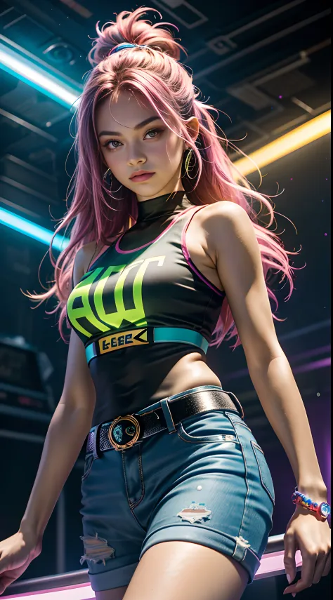 mulher arafed ((mexicano))with long rainbow hair and a neon cyberpunk tank top, retrato, ela tem um rosto bonito, imagens da web...