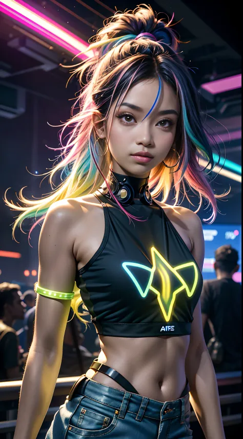 mulher arafed (asian african american))with long rainbow hair and a neon cyberpunk tank top, retrato, ela tem um rosto bonito, i...