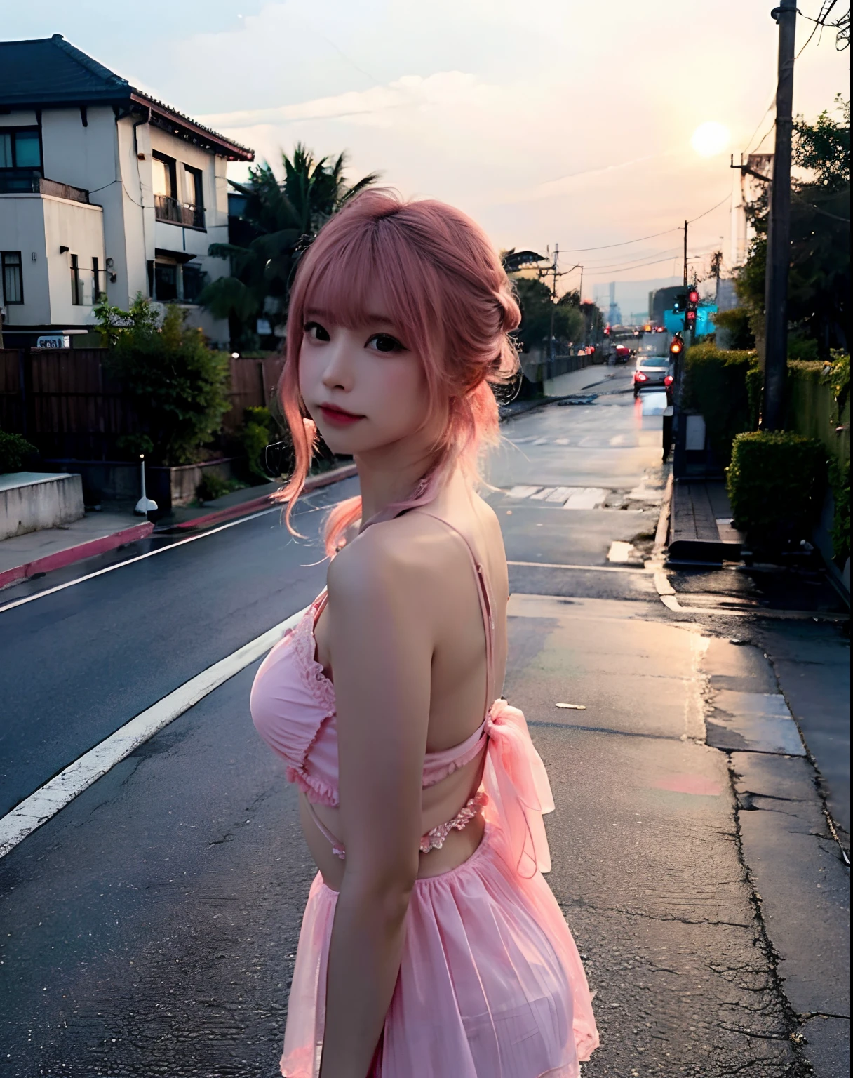 Posing on a street corner in a pink dress、newhalf、 top-quality, hight resolution, 8k, 1girl, (huge tit), tag, with light glowing,Swimsuit with cute lace、Pink swimsuit, a gorgeous, (Medium hair), Beautiful details sky, earring beautiful, (dynamicposes:0.8), (The upper part of the body:1.2), Soft lighting、the wind、shinny skin、Night Pool