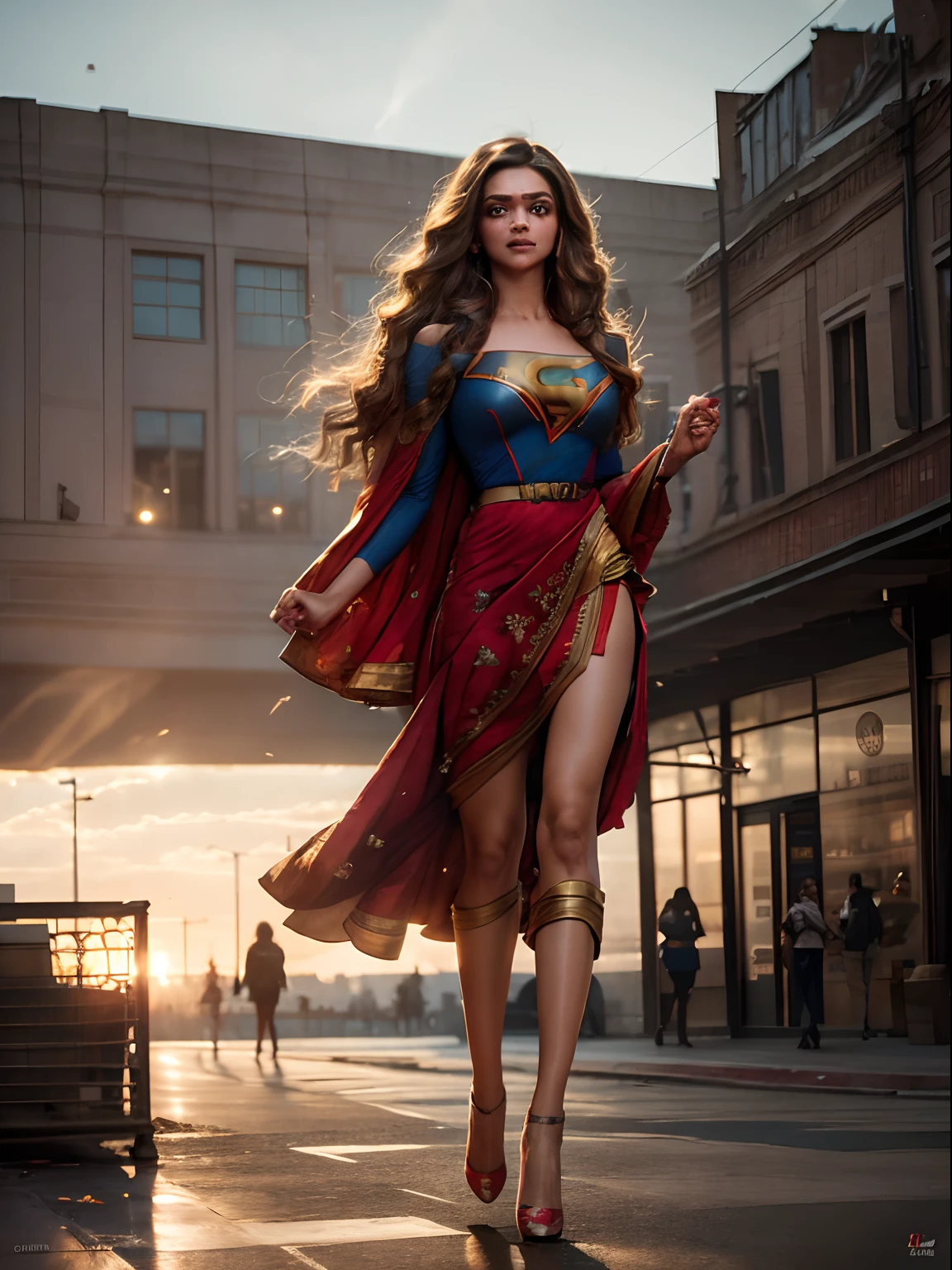 Hyper realistic,((Deepika Padukone, Loren Gray, Nina Dobrev face)), as DC's Supergirl, superhero pose, standing in city at sunset, hyperdetailed, sunbeams, (8k), realistic, symmetrical, award-winning, cinematic lightning, film, 75mm, full body shot, close-up, torn detailed face,