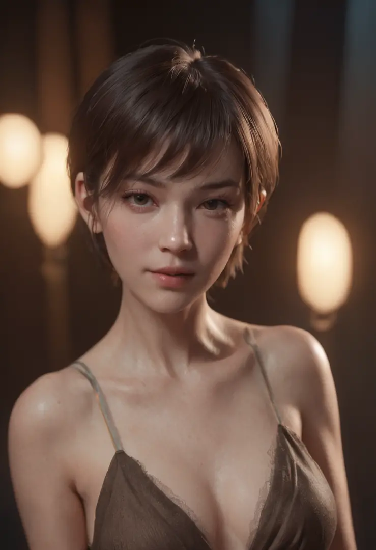 (professional 3d render:1.3) af (Realistic:1.3) most beautiful artwork photo in the world，Features soft and shiny female, (( short hair, bangs, nsfw, topless, pleated skirt, choker, oily skin, wet skin, Fantastic location, Majestic cluttered environment)),...