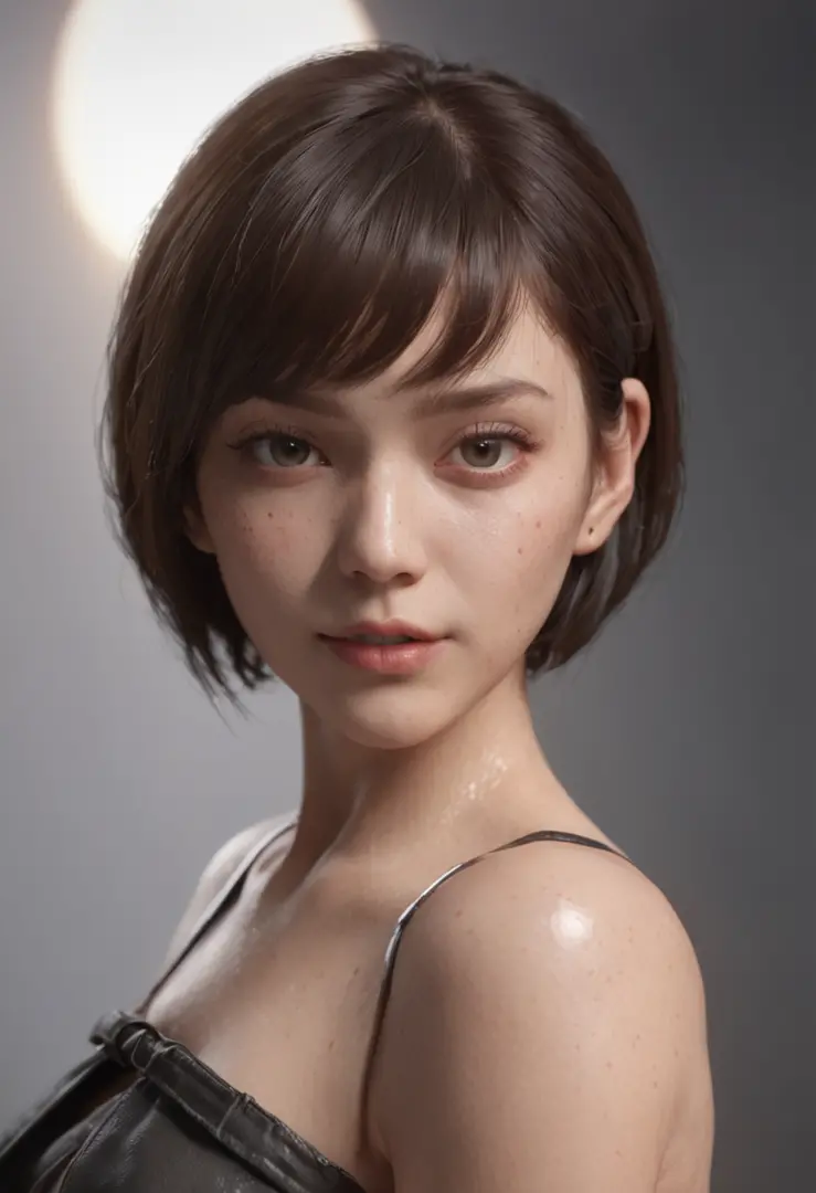 (professional 3d render:1.3) af (Realistic:1.3) most beautiful artwork photo in the world，Features soft and shiny female, (( short hair, bangs, nsfw, topless, pleated skirt, choker, oily skin, wet skin, Fantastic location, Majestic cluttered environment)),...