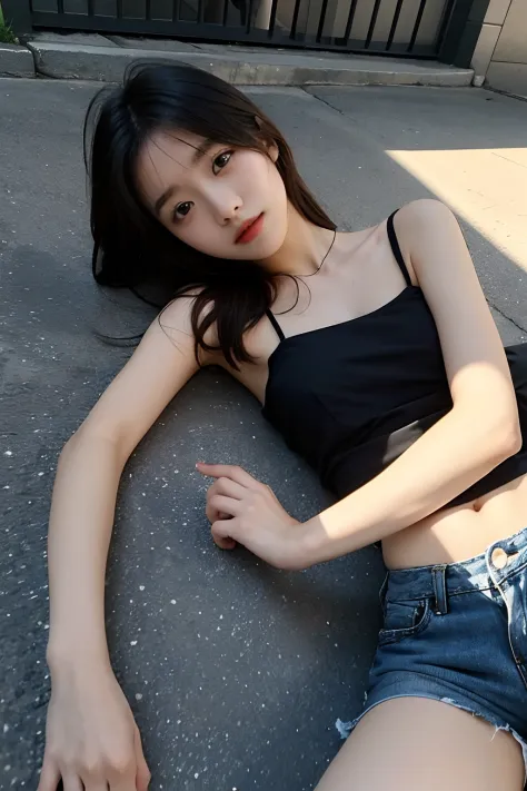 Korean girl lying on the ground，is wearing a shorts，Spread your legs
