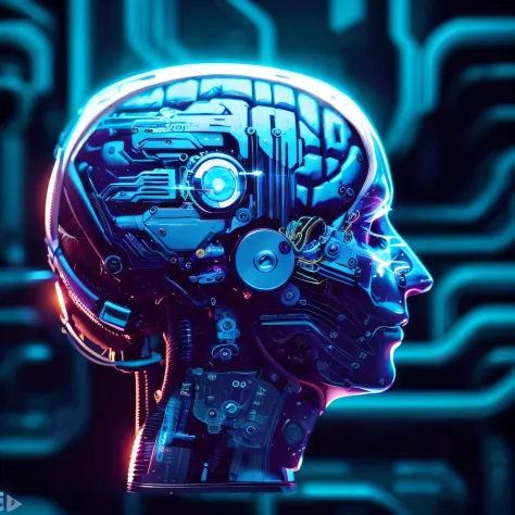a closeup of a person's head with a machine in the background, strong artificial intelligence, Artificial intelligence, Artificial intelligence!!, artificial intelligence machine, com tema ai, electronic brain, para biomechas, transumano, brain connected t...