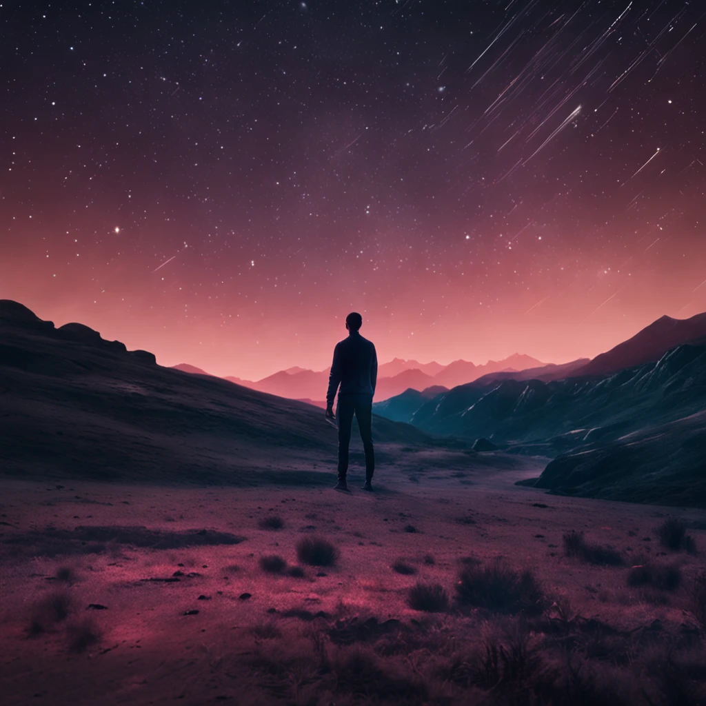 Um homem está diante de um céu estrelado azul escuro ao seu redor