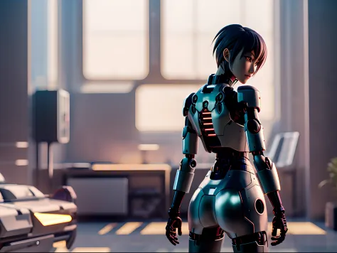 Nsfwgore chica anime con pantalones cortos y chaqueta de pie junto a un robot gigante, obras de arte al estilo de guweiz, cyberp...