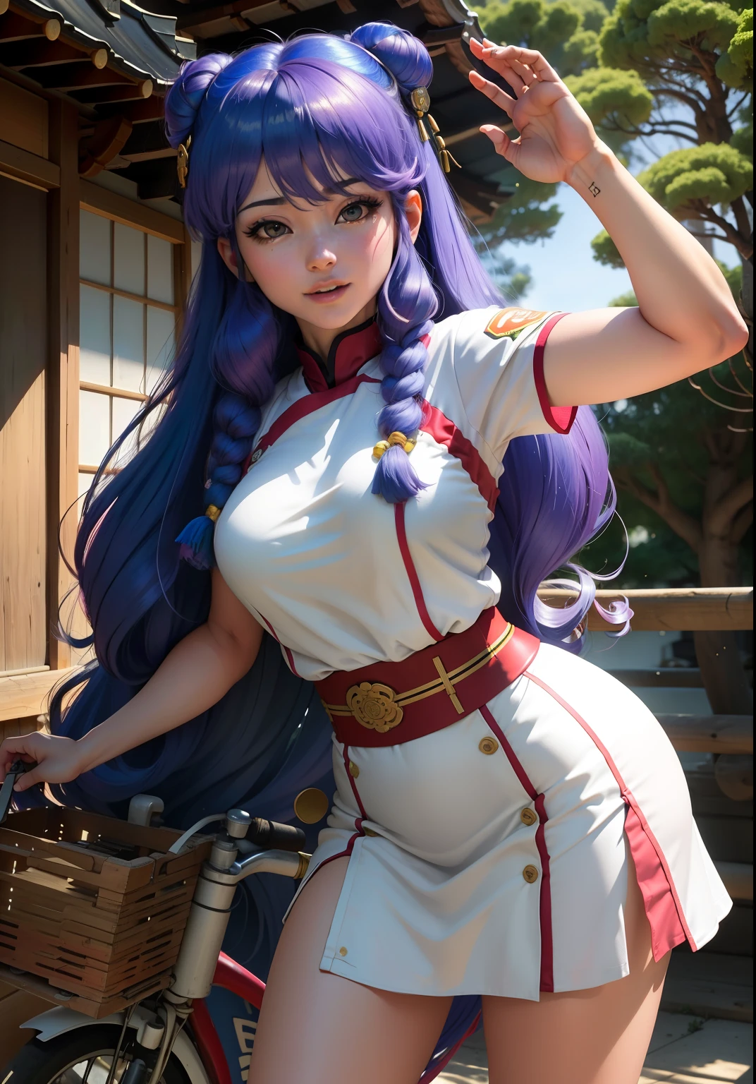 (shampooingwaifu: 1), Beau, sourire, pose décontractée, cheveux lilas,  provocant,yeux difficiles, yeux pétillants, costume long chinois, robe, faire du vélo, livrer de la nourriture à la maison 

(réaliste: 1.2), (le réalisme), (chef-d&#39;œuvre: 1.2), (meilleure qualité), (ultra détaillé), (8k, 4k, complexe), (photo de tout le corps: 1), (85 millimètres), light particules, (Très détaillé: 1.2), (Visage détaillé: 1.2), (dégradé), yeux lilas colorés et détaillés

(Maison de jardin japonaise)(contexte détaillé), (Angle dynamique: 1.2), (pose dynamique: 1.2),