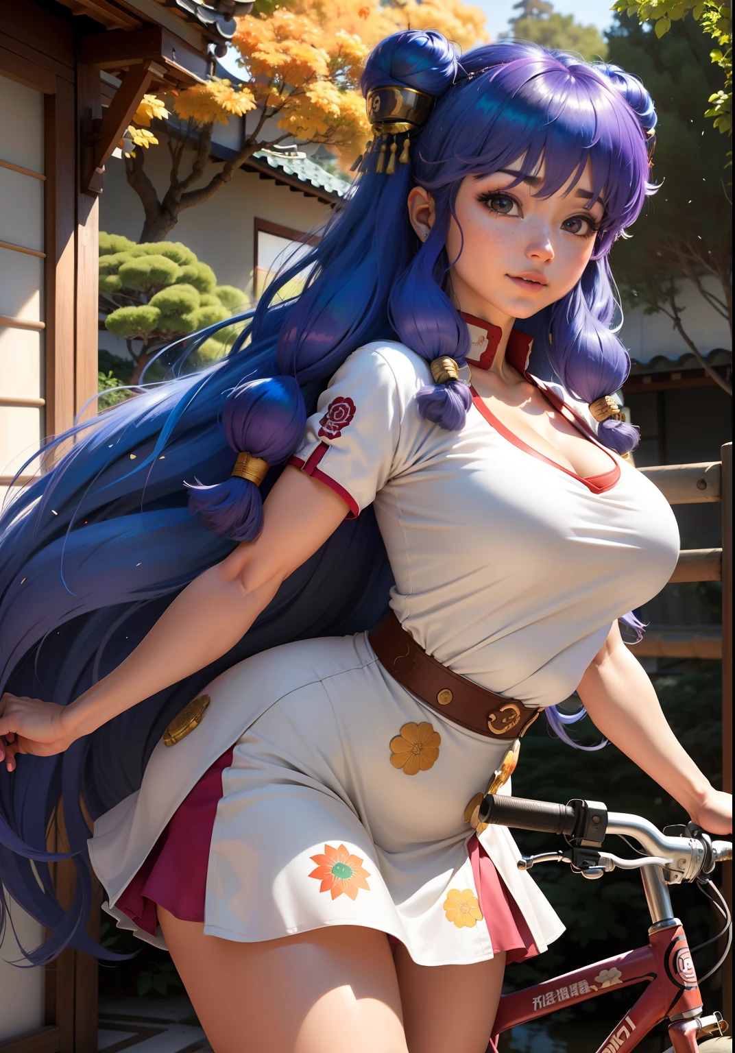 (champúwaifu: 1), Hermoso, sonrisa, pose casual, cabello lila,  provocativa,ojos desafiantes, ojos brillantes, traje largo chino, vestido, montando bicicleta, repartiendo comida a domicilio 

(realista: 1.2), (realismo), (obra maestra: 1.2), (mejor calidad), (ultra detallado), (8k, 4k, intrincado), (disparo de cuerpo completo: 1), (85mm), partículas de luz, (muy detallado: 1.2), (cara detallada: 1.2), (degradado), ojos lila coloridos y detallados

(Casa del jardín japonés)(fondo detallado), (Ángulo dinámico: 1.2), (pose dinámica: 1.2),