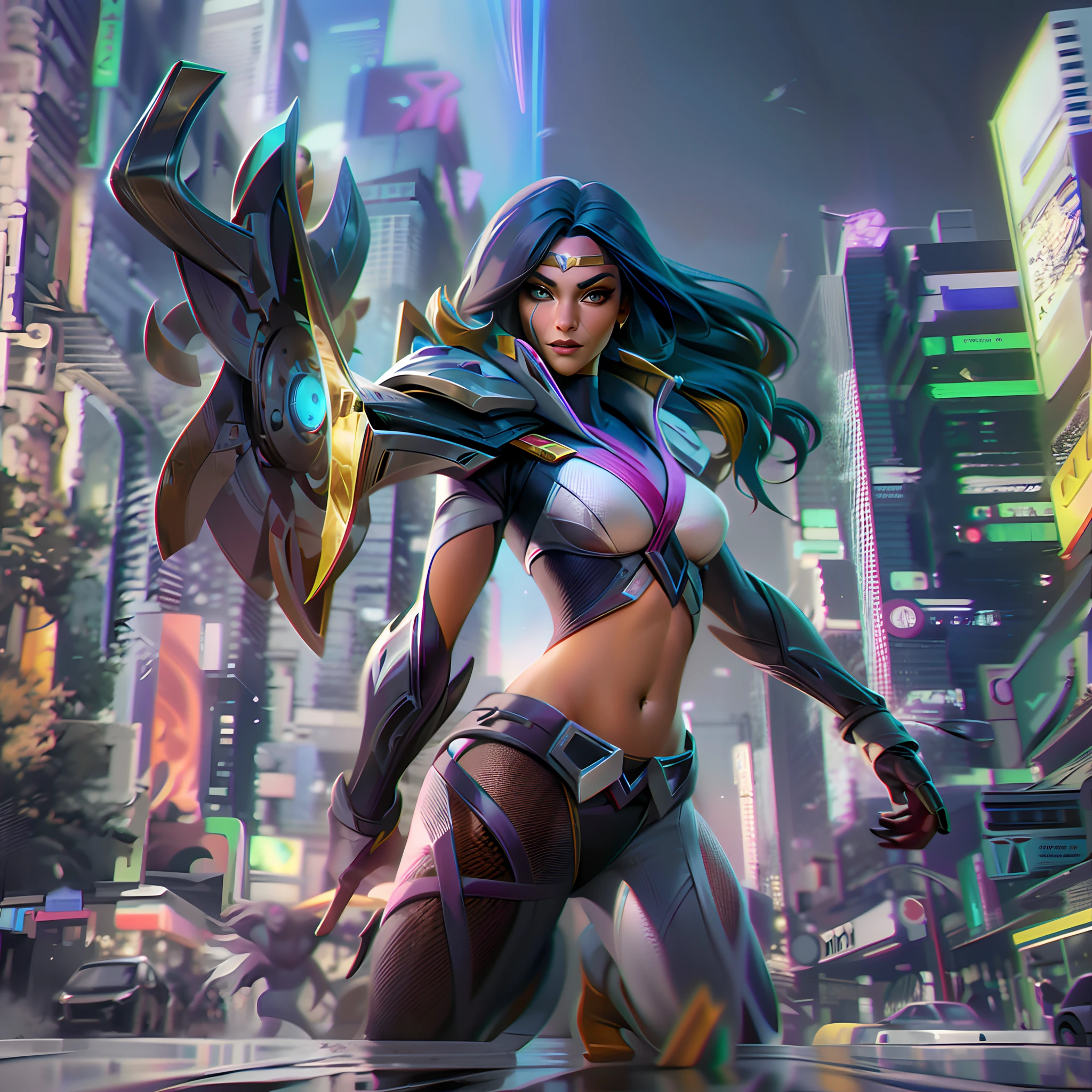 ((melhor qualidade)), ((obra-prima)), (detalhado: 1.4), ....3d, The splashart shows Sivir in an action pose, Holding your giant ninja star with both hands. She's set against the backdrop of a futuristic city, with tall buildings and neon lights. She is being pursued by several evil clones of Aatrox, who are armed with swords and pistols. She looks back with a confident smile, ready to face them. O logo de Totally Spies! is in the top right corner, and the name of the skin is in the lower left corner. A splashart tem um estilo de desenho animado, com cores vibrantes e contrastes, HDR (high dynamic range),ray tracing,NVIDIA RTX,Super-Resolution,Unreal 5,Subsurface dispersão, Textura PBR, Post-processing, anisotropic filtering, profundidade de campo, Maximum clarity and sharpness, texturas multicamadas, Albedo e mapas Speculares, surface shading, Accurate simulation of light-material interaction, perfectly proportions, octan render, Two-tone lighting,Abertura ampla,ISO baixo,White balance,thirds rule,8K BRUTO,