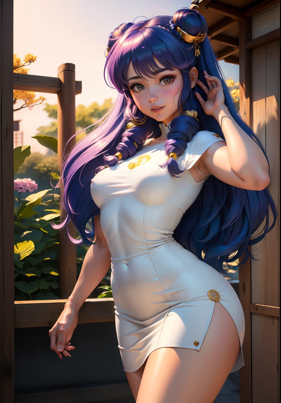 (shampooingwaifu: 1), Beau, sourire, pose décontractée, cheveux lilas,  provocant,yeux difficiles, yeux pétillants, costume court chinois, robe 

(réaliste: 1.2), (le réalisme), (chef-d&#39;œuvre: 1.2), (meilleure qualité), (ultra détaillé), (8k, 4k, complexe), (photo de tout le corps: 1), (85 millimètres), light particules, (Très détaillé: 1.2), (Visage détaillé: 1.2), (dégradé), yeux lilas colorés et détaillés

(Maison de jardin japonaise)(contexte détaillé), (Angle dynamique: 1.2), (pose dynamique: 1.2),