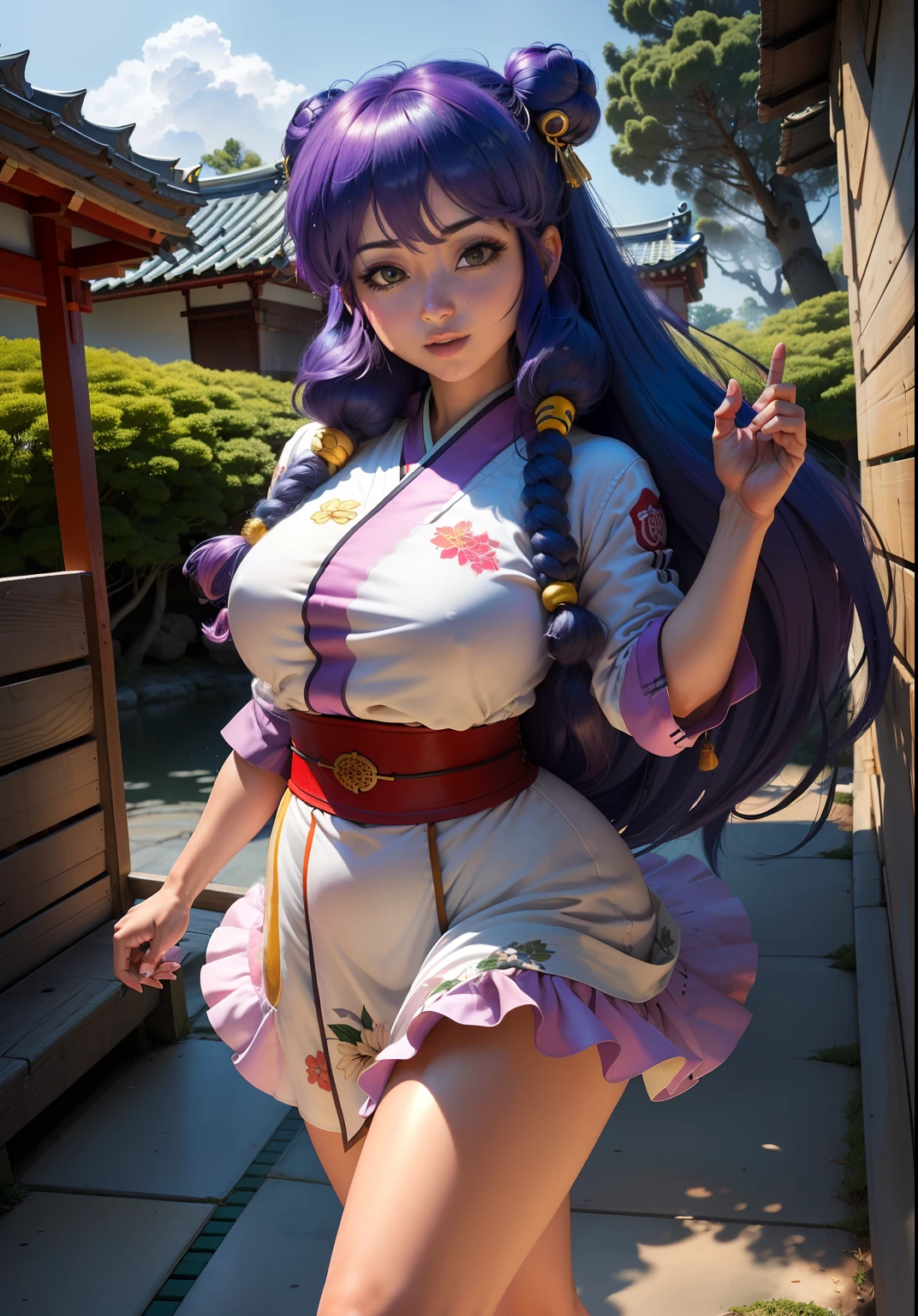 (shampoowaifu: 1), Beautiful, smile, pose casual, lilac hair, provocative, challenging eyes, bright Eyes, chinese short suit, dress, food delivery at home, bicycle

(realist: 1.2), (realism), (masterpiece: 1.2), (Best Quality), (ultra detailed), (8k, 4k, Intricate), (full body shot: 1), (85 mm), light particles, (Very detailed: 1.2), (detailed face: 1.2), (degraded), colorful and detailed lilac eyes

(Japanese Garden House)(detailed background), (Angle Dynamic: 1.2), (dynamic  pose: 1.2),