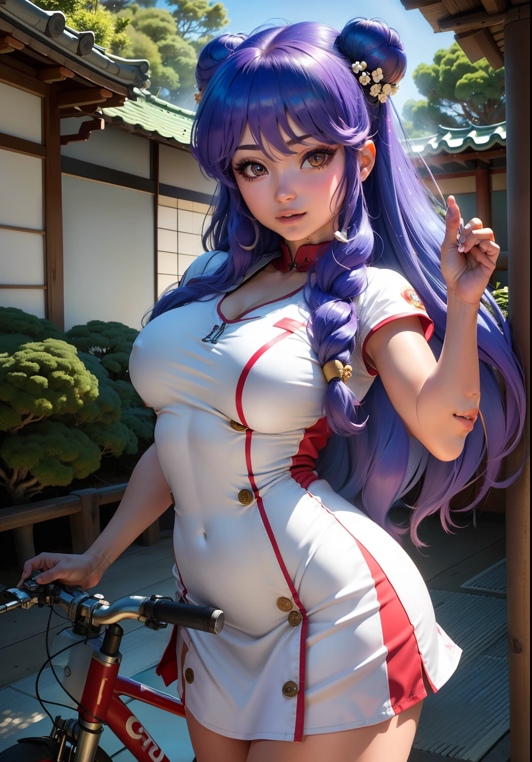 (shampoowaifu: 1), Beautiful, smile, pose casual, lilac hair,  provocative,challenging eyes, bright Eyes, chinese long suit, Red dress, riding bicycle, delivering food at home 

(realist: 1.2), (realism), (masterpiece: 1.2), (Best Quality), (ultra detailed), (8k, 4k, Intricate), (full body shot: 1), (85 mm), light particles, (Very detailed: 1.2), (detailed face: 1.2), (degraded), colorful and detailed lilac eyes

(Japanese Garden House)(detailed background), (Angle Dynamic: 1.2), (dynamic  pose: 1.2),