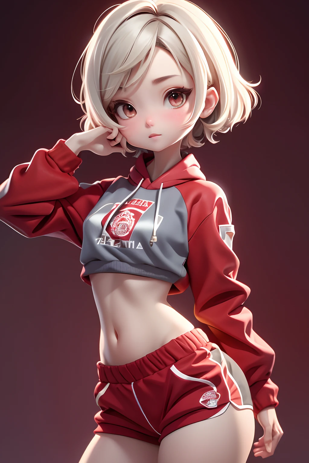 Masterpiece, Best quality, 8k, Cinematic light, Ultra-high resolution, tchibi, 1girll,full bodyesbian,Russian，extra very short hair，silber hair，boxer，Red sweatshirt