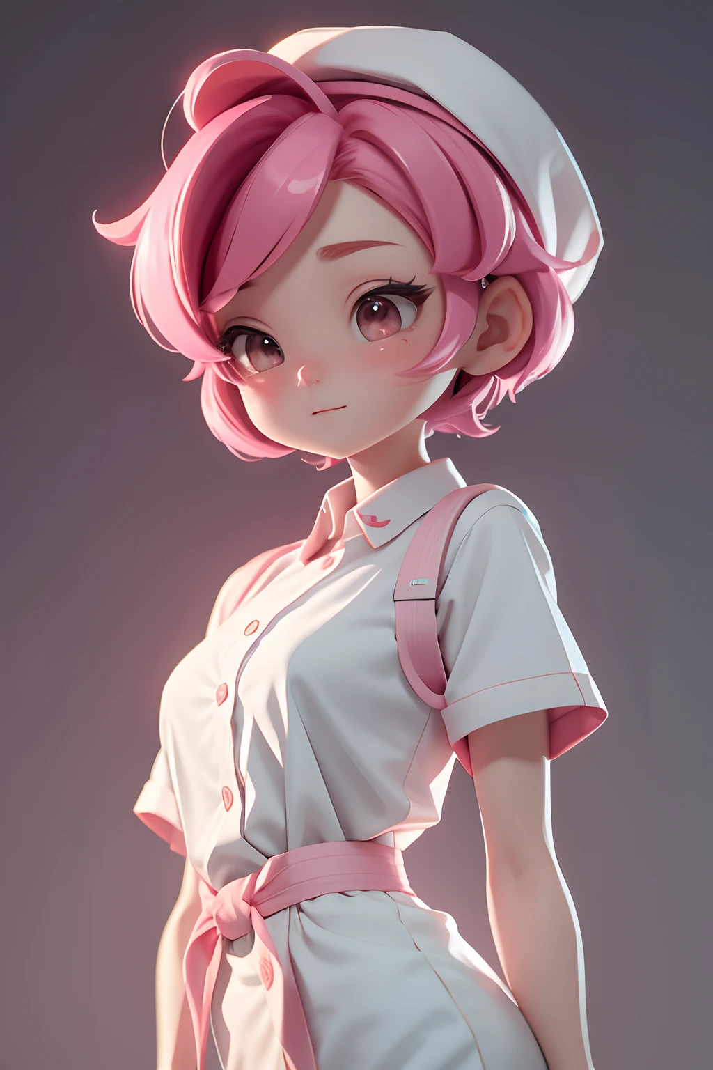 Masterpiece, Best quality, 8k, Cinematic light, Ultra-high resolution, tchibi,simplebackground, 1girll,full bodyesbian,Briton，short detailed hair，Pink hair，nurses