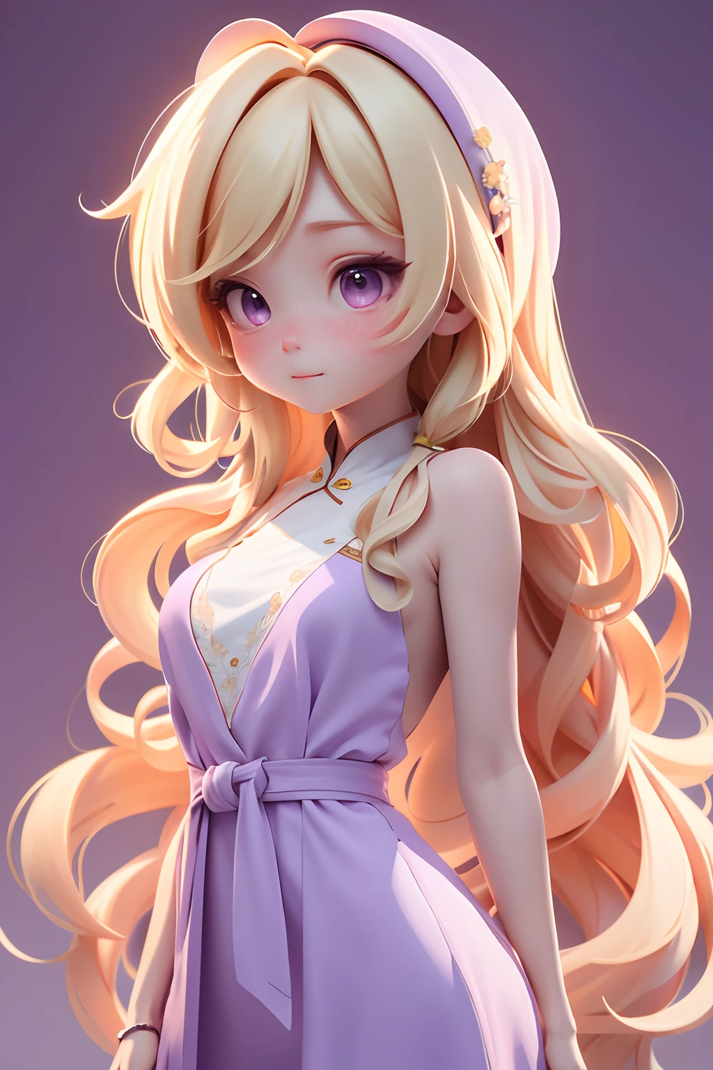 Masterpiece, Best quality, 8k, Cinematic light, Ultra-high resolution, tchibi,simplebackground, 1girll,full bodyesbian,Frenchman，long whitr hair，Blonde hair，lady，Purple dress