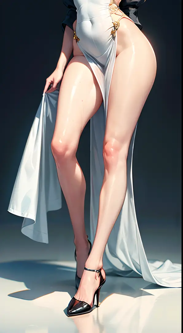 White tattered transparent long dress、Elegantly draped over her curvy figure、The legs in the square are apart、Upturned buttocks、There are crowds、With a mysterious and sexy touch、soaking wet、the lighting is subdued、casting soft highlights and shadows on her...