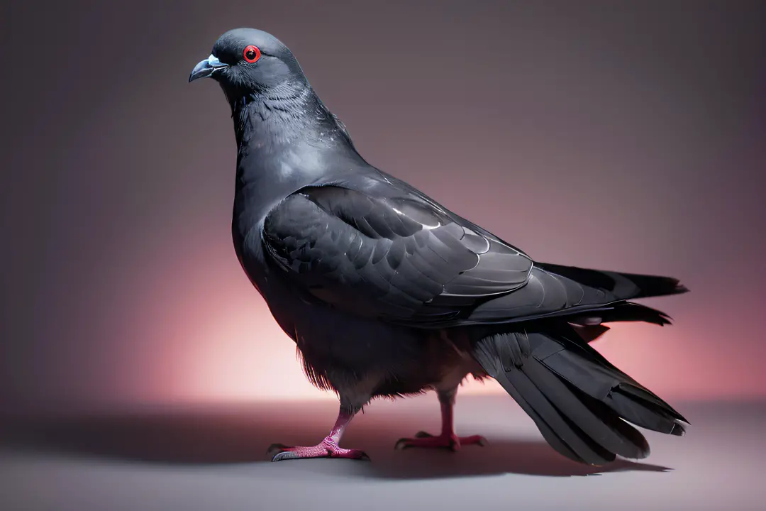 "Generate a highly detailed image of a black pigeon seen from the side, set against a clean white background. The pigeon should have a lustrous sheen on its feathers, illuminated by cinematic lights that cast dramatic shadows. The eyes of the pigeon should...