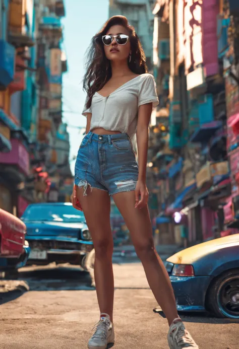 (cinematic angle: 1.2), street view,(1 girl, sunglasses, summer dress),(best quality, detailed details, masterpiece, official art, movie lighting effects, 4K), white t-shirt, blue ripped jeans shorts, Gen Z photo pose
