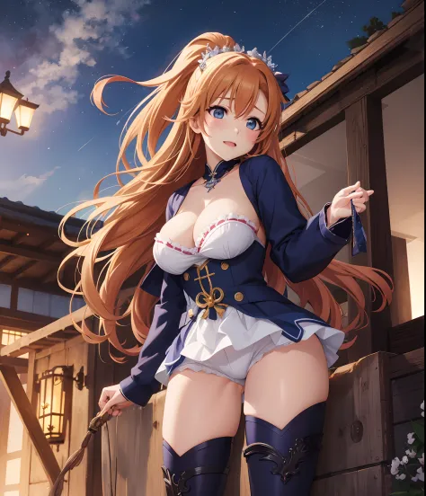 Kousaka honoka, blue eyes, masterpiece, best quality, (1girl:0.999), (breasts:0.959), (cleavage:0.939), (long hair:0.939), (hair ornament:0.932), (thighhighs:0.904), (boots:0.893), (strapless:0.838), (shorts:0.836), (thicc body), (large breasts:0.720), (co...