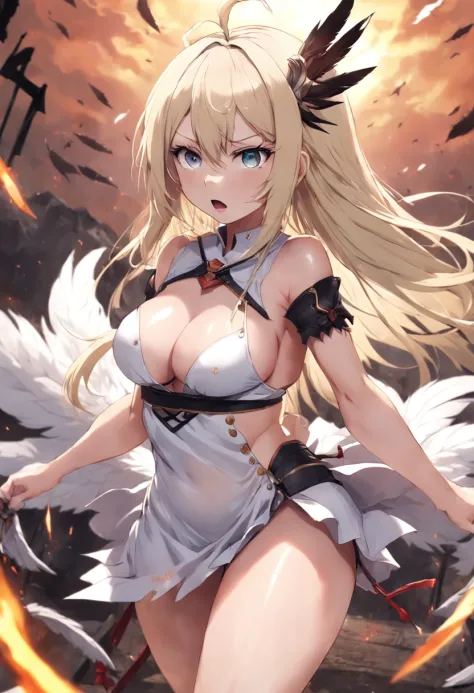 japanese anime style。illustratio。Dark Fantasy。White feathers。girl with。a blond。undergarment。impressive background。battle field。Colossal tits。pubick hair。a miniskirt。A little angry。all-fours。