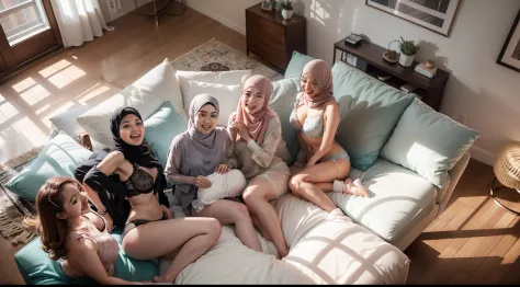 ((Seven malay girls)), (happy smile, laughing: 1.3), 8k, RAW portrait of malay girls with pompom plain hijab, 80mm, ultra high resolution, top quality, break wearing bra and high waist panties, top view, (looking up at the viewer from below), big, modern g...
