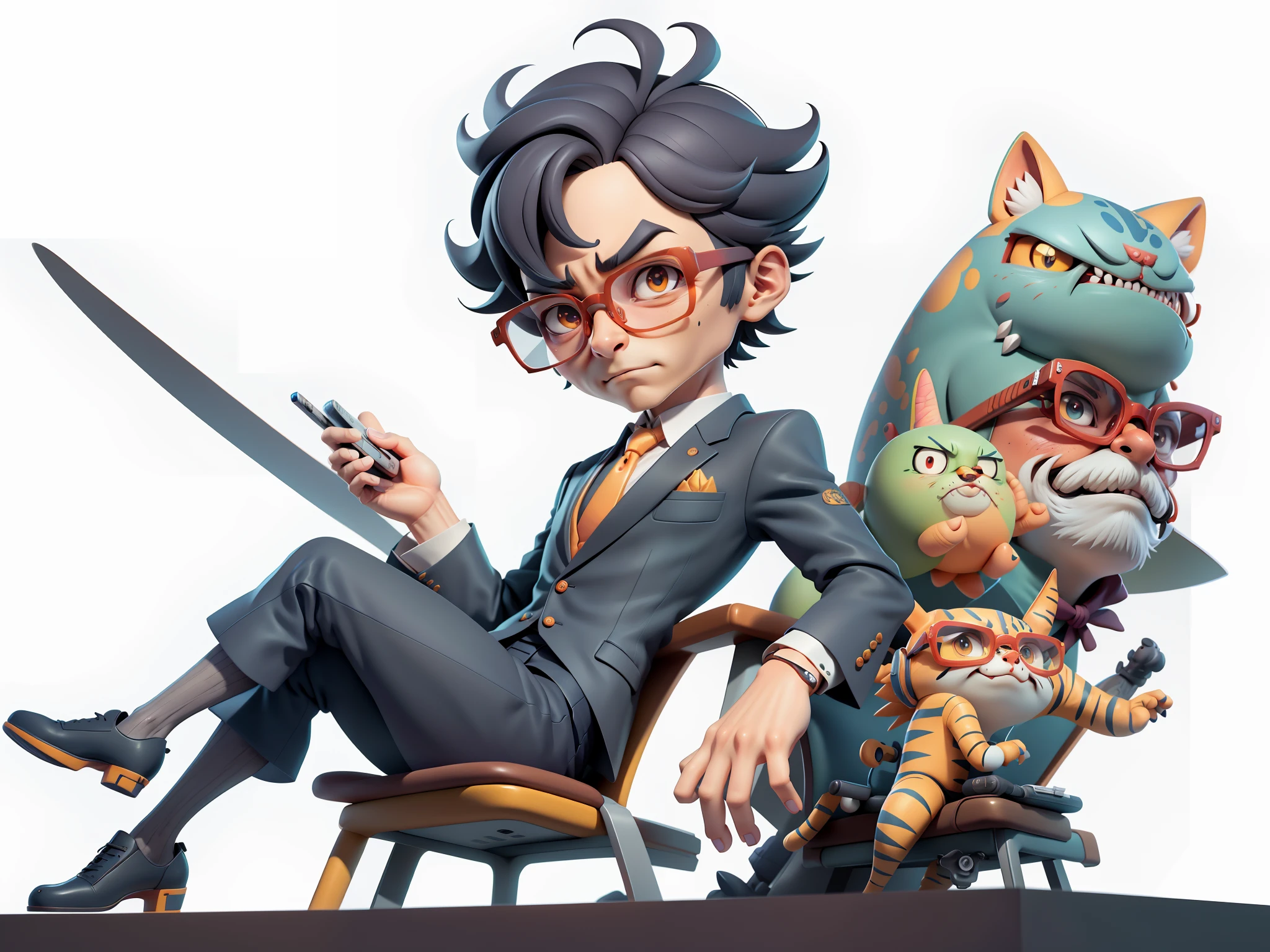 A young man in a suit, Short hair and glasses sat at his desk，holding laptop，digitial painting，tigre，3D character design by Mark Clairen and Pixar and Hayao Miyazaki and Akira Toriyama，4K HD illustration，Very detailed facial features and cartoon-style visuals。