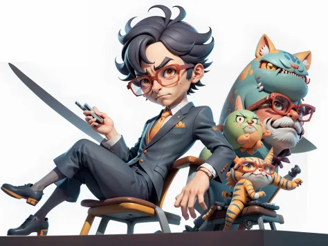A young man in a suit, Short hair and glasses sat at his desk，holding laptop，digitial painting，tigre，3D character design by Mark...