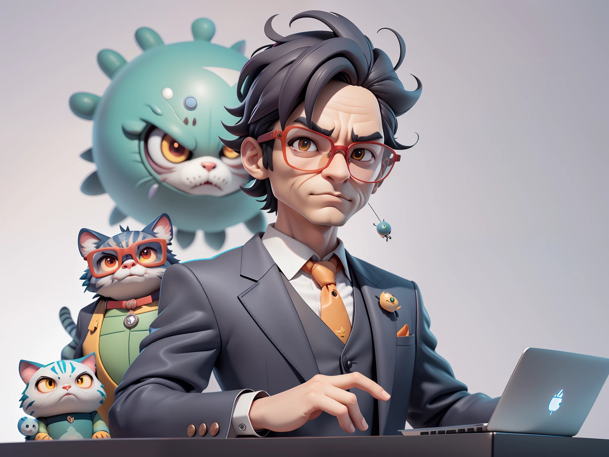 A young man in a suit, Short hair and glasses sat at his desk，holding laptop，digitial painting，tigre，3D character design by Mark Clairen and Pixar and Hayao Miyazaki and Akira Toriyama，4K HD illustration，Very detailed facial features and cartoon-style visuals。