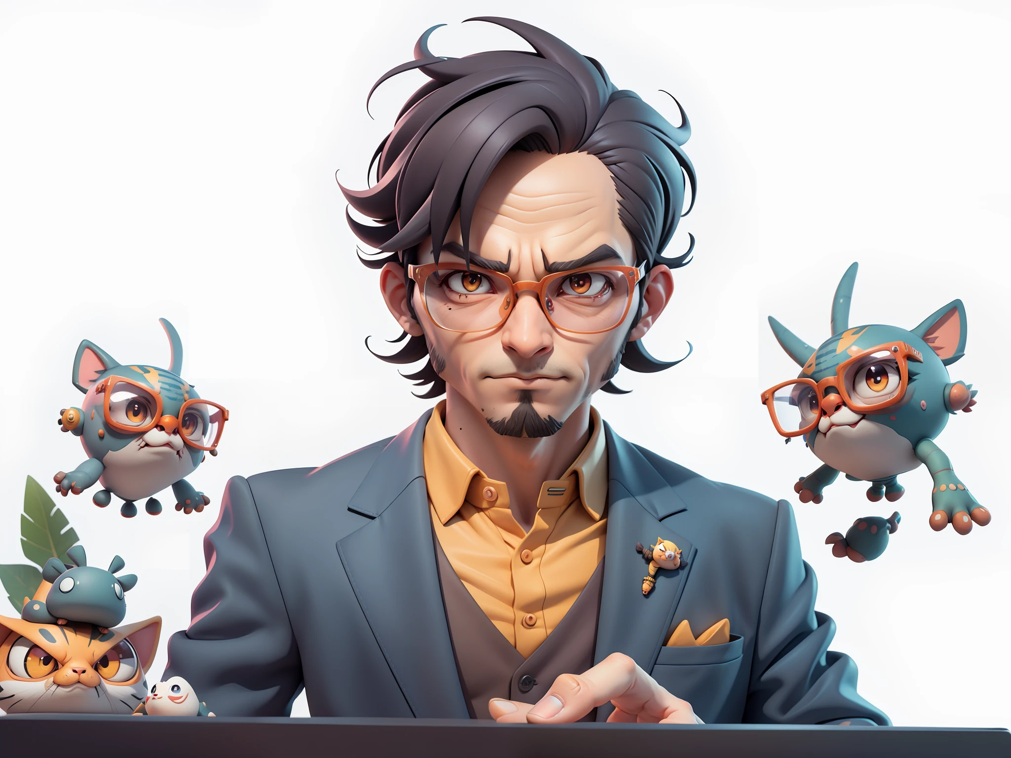 A young man in a suit, Short hair and glasses sat at his desk，holding laptop，digitial painting，tigre，3D character design by Mark Clairen and Pixar and Hayao Miyazaki and Akira Toriyama，4K HD illustration，Very detailed facial features and cartoon-style visuals。