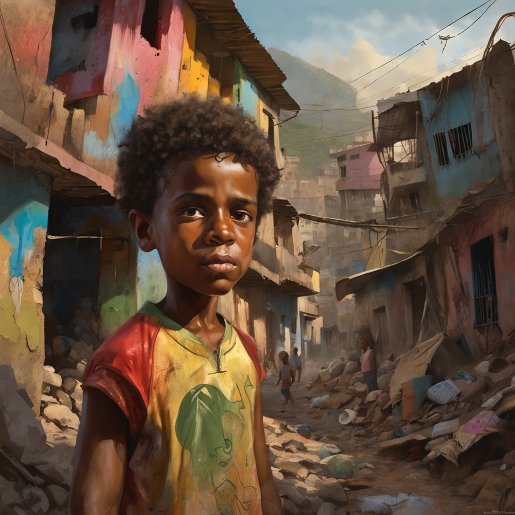 A poor latino boy in a favela in Rio de Janeiro drawn by Todd McFarlane and Greg Capullo, he is wearing old and torn clothes, he is playing with a soccer ball, favela in Rio de Janeiro in the background, robert downey jr reference, unreal engine, octane render, by Jacob Lawrence and Francis picabia, perfect composition, beautiful detailed intricate insanely detailed octane render trending on artstation, 8 k artistic photography, photorealistic concept art, soft natural volumetric cinematic perfect light, chiaroscuro, award - winning photograph, masterpiece, oil on canvas, raphael, caravaggio, greg rutkowski, beeple, beksinski, giger