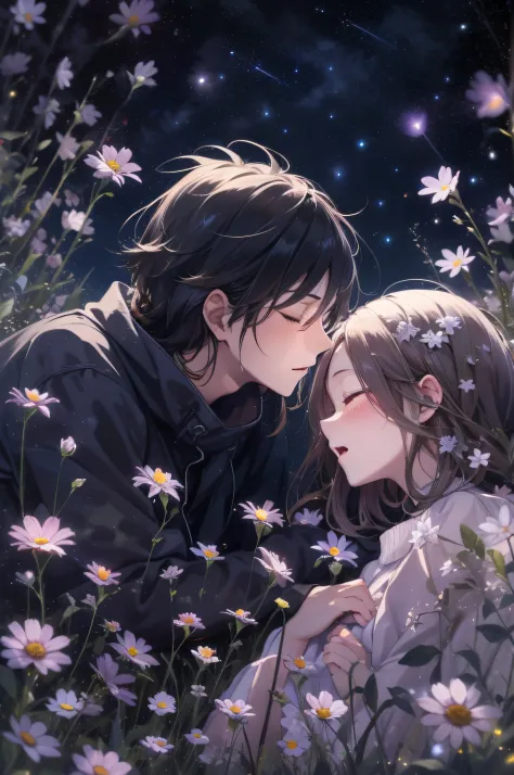 She and he lay face down in a field full of highland flowers,、Looking up at the night sky.、Maybe it's because it's cold., Their breath looks pale white.、The light source is a star in the night sky々Light only、She suddenly turns to him and blushes、A shooting...