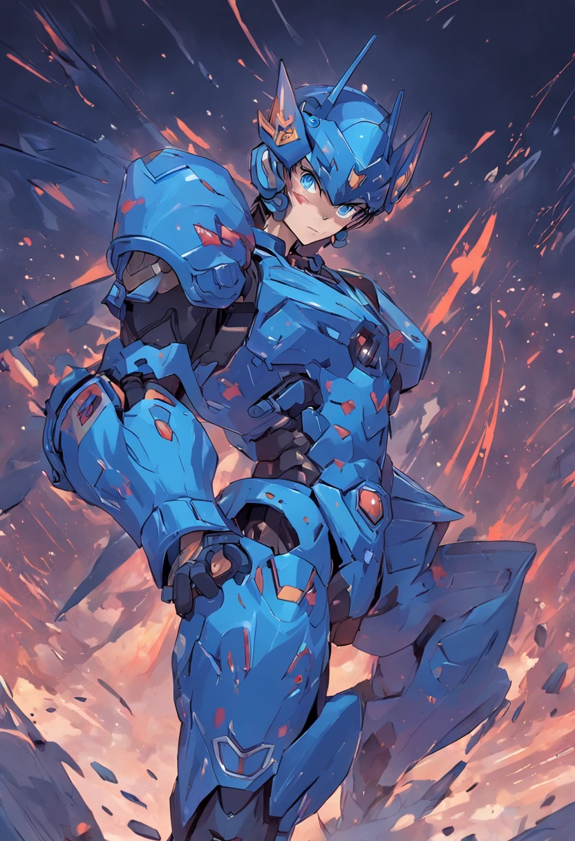 Megaman x, 7 Fuß großer Roboter-Transformers-Look, volle blaue Rüstung, voller blauer Helm, aber offener Mundbereich, große blaue Stiefel bis zum Knie, läuft im Blick, große Armwaffe Zielen Blick