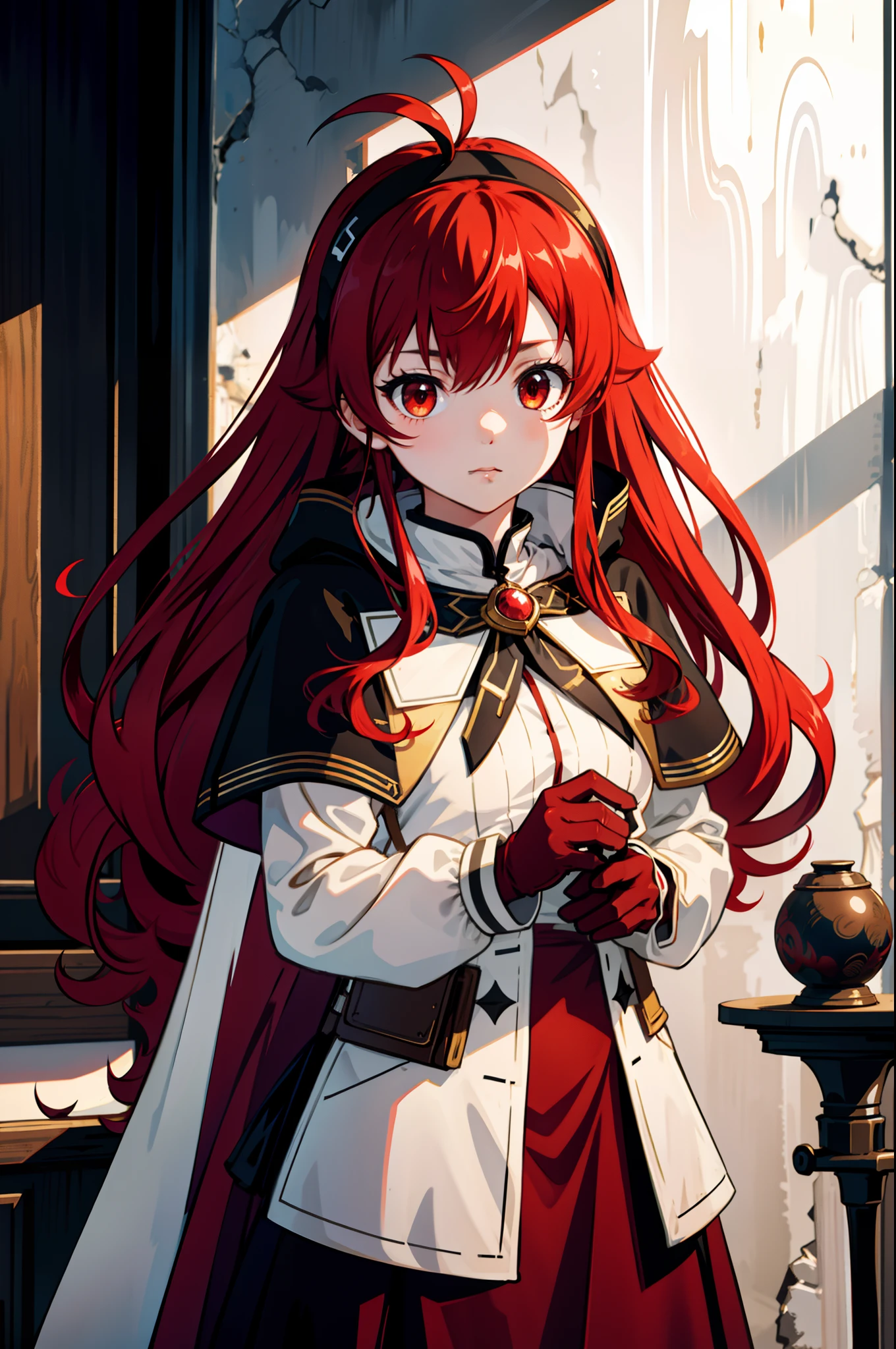 Upper Body 1girl Eris Greyrat Red Hair Red Eyes Ahoge Hairband Capelet Coat 5816