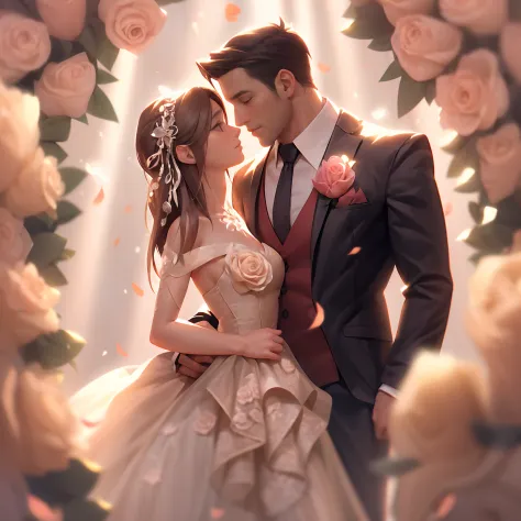 cinematic angle,( Lovely couple are Kissing,anatomically correct,full body,Masterpiece roses AND tuli,Masterpiece Wedding dress,...