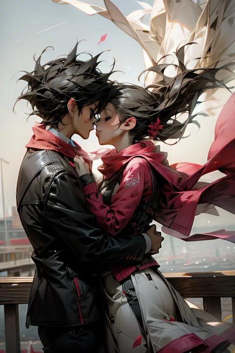 Romantic couple kissing in the wind