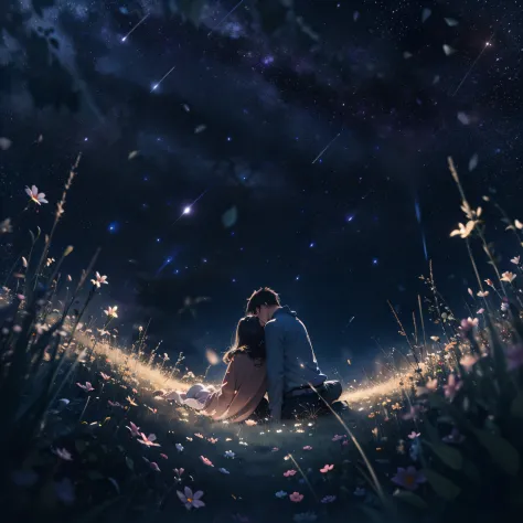 She and he lay face down in a field full of highland flowers,、Looking up at the night sky.、Maybe it's because it's cold., Their breath looks pale white.、The light source is a star in the night sky々Light only、She suddenly turns to him and blushes、A shooting...
