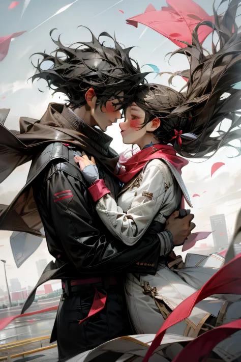 Romantic couple kissing in the wind