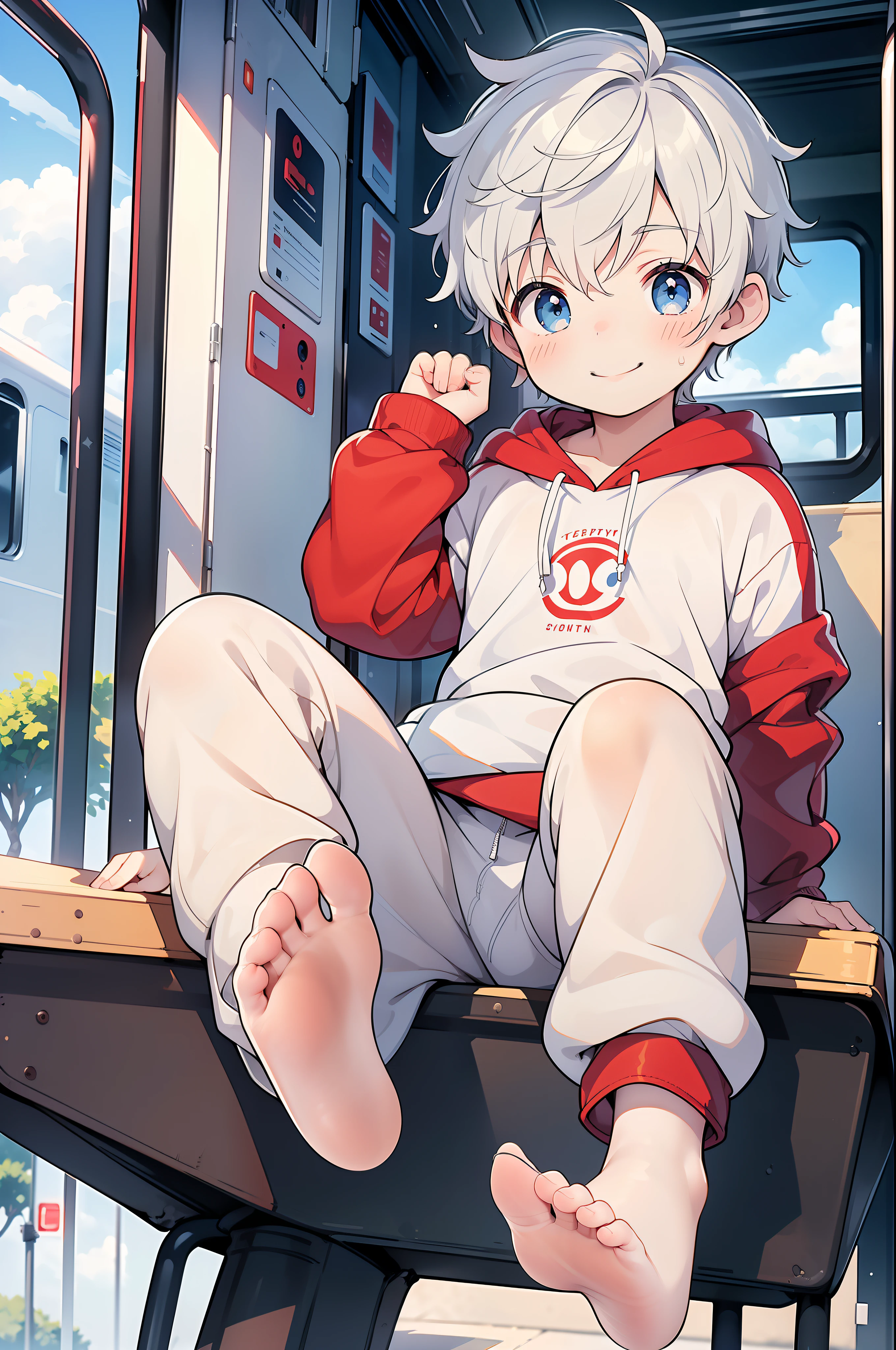 Anime boy sitting on a bench with his feet up - SeaArt AI