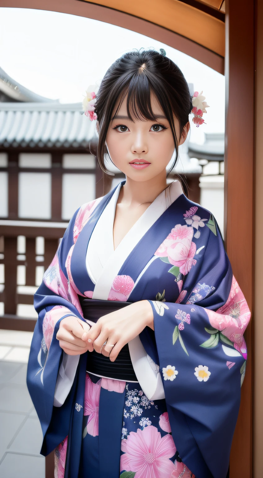 A close up of a woman in a kimono standing in front of a doorway ...