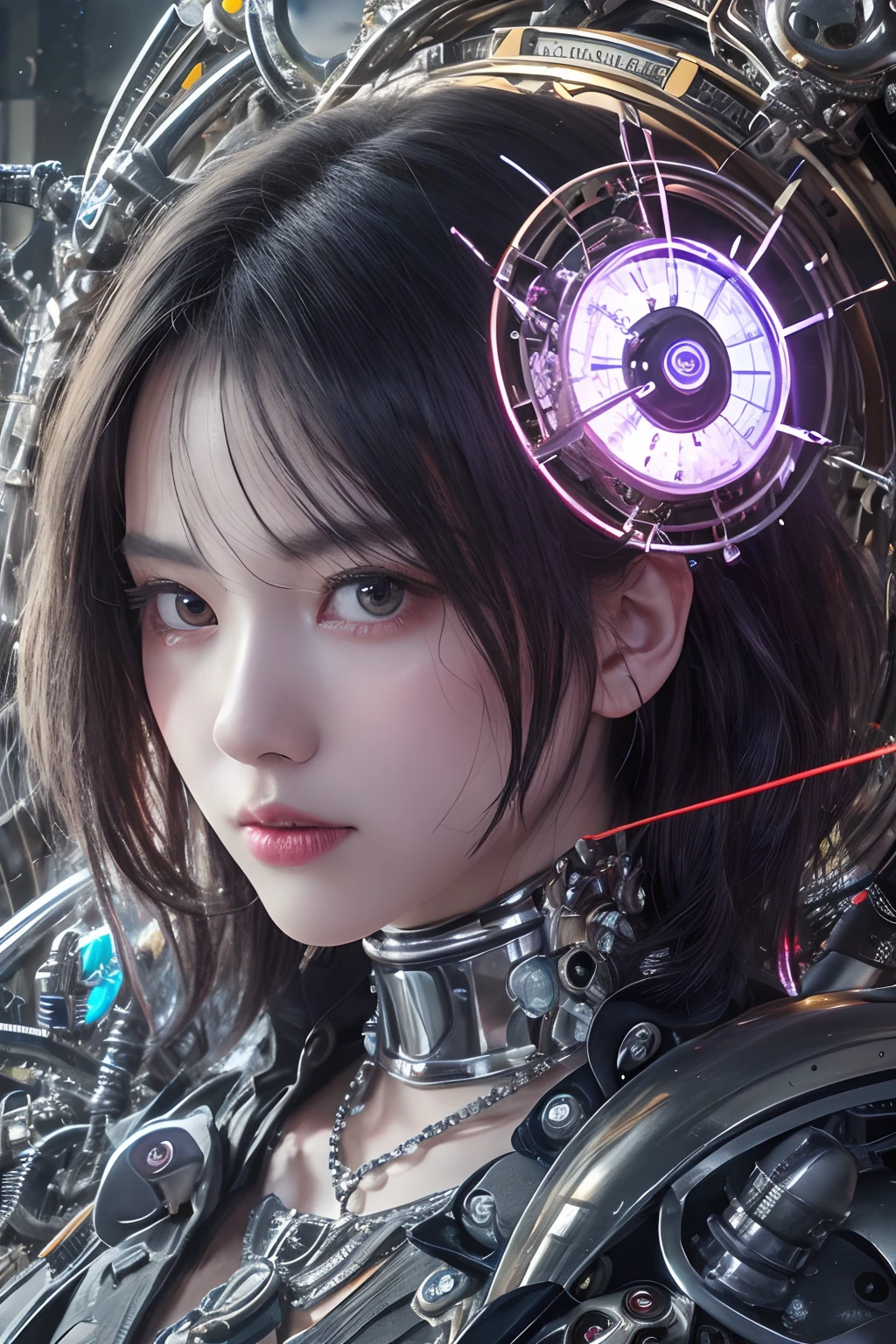 top-quality、​masterpiece、超A high resolution、(Photorealsitic:1.4)、Raw photo、女の子1人、Black hair、glowy skin、(1. Cyborg Angel)、large metal wings、Shining Angel Circle、((super realistic details))、portlate、globalillumination、Shadow、octan render、8K、ultrasharp、Colossal 、Raw skin is exposed in cleavage、metals、Details of complex ornaments、Steampunk details、vacuum tubes、Nixie Kan、Oil pressure gauge、Glass Kalog Meter、gear wheel、gear、Hydraulic cylinder、highly intricate detail、Realistic light、a purple eye、radiant eyes、Facing the camera、neon details、Mechanical limbs、blood vessels connected to tubes、Mechanical vertebrae attached to the back、mechanical cervical attaching to neck、sitting on、Wires and cables connecting to the head、Small LED lamp、Sumerian details、