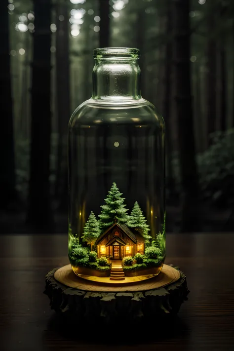 (Intricate forest mini town landscape trapped in a bottle), Atmospheric Oliva lighting, On a table, 4K ultra HD, Dark vibes, ultra - detailed, Bright colors forest background, Epic composition, rendering by octane, Sharp focus, High-resolution isometrics