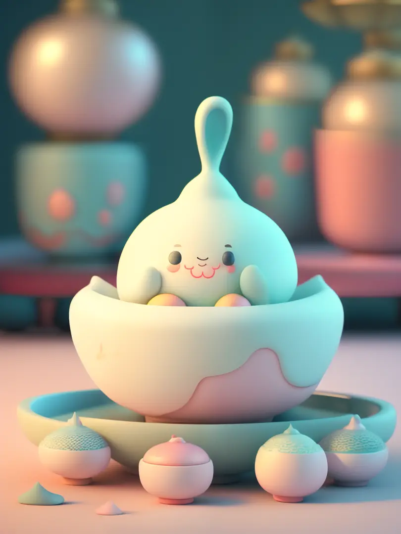 Chibi style,Dozens of tangyuan with rabbit ears,Very cute face,Very real,Chinese folk art style tangyuan,Chinese kitchen background,Steaming hot,It looks delicious.,Ultra high definition image quality,