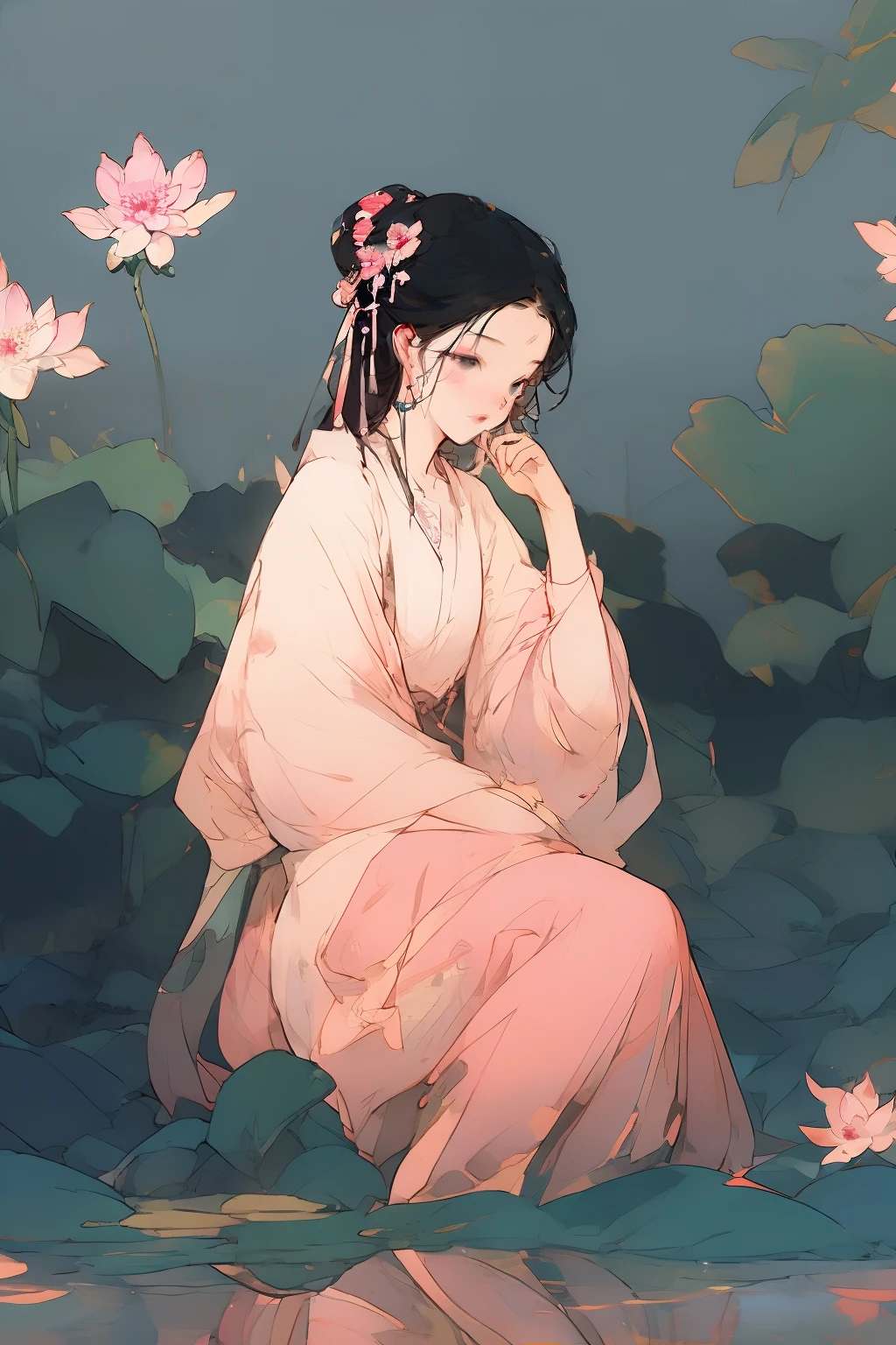 Ancient Chinese beauties sit on stones，wearing ancient Chinese costume，Flowing tulle，Light silk，Lazy posture，large lotus leaf，lotuses，Ink painting style，clean color，Decisive cut，Leave white space，impressionistic，tmasterpiece，ultra-detailliert，Epic composition, high qulity, HighestQuali, 4k long pink hair --v 6