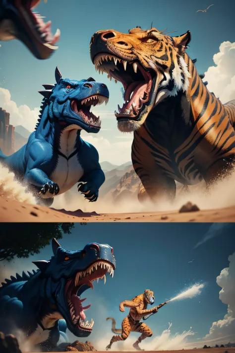Action scene in which a giant, furious Tyrannosaurus Rex in oil blue devours an orange tiger
