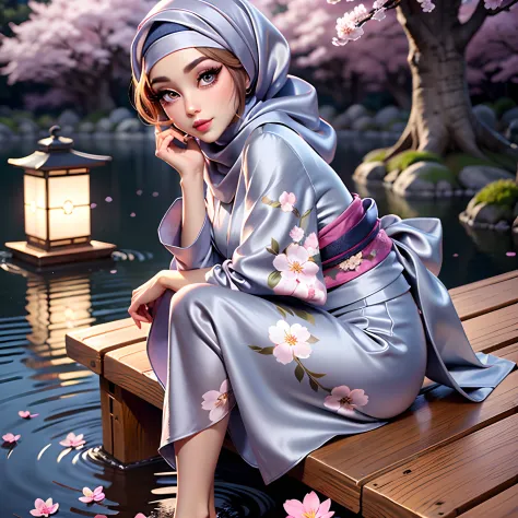 Masterpiece, Best Quality, 3D Rip Artwork, 3DMM Style, Close-up, Portrait, Realism, a woman beautifully makeup, eyeshadow, Parted Lips, Challenge Eye, beautiful big eyes, long eye lashes, wearing ((gray satin headscarf)), loosely tide hijab style, ((nude f...