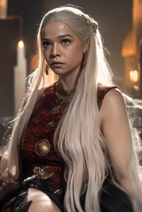 Uma rainha Targaryen sentada no Trono de Ferro