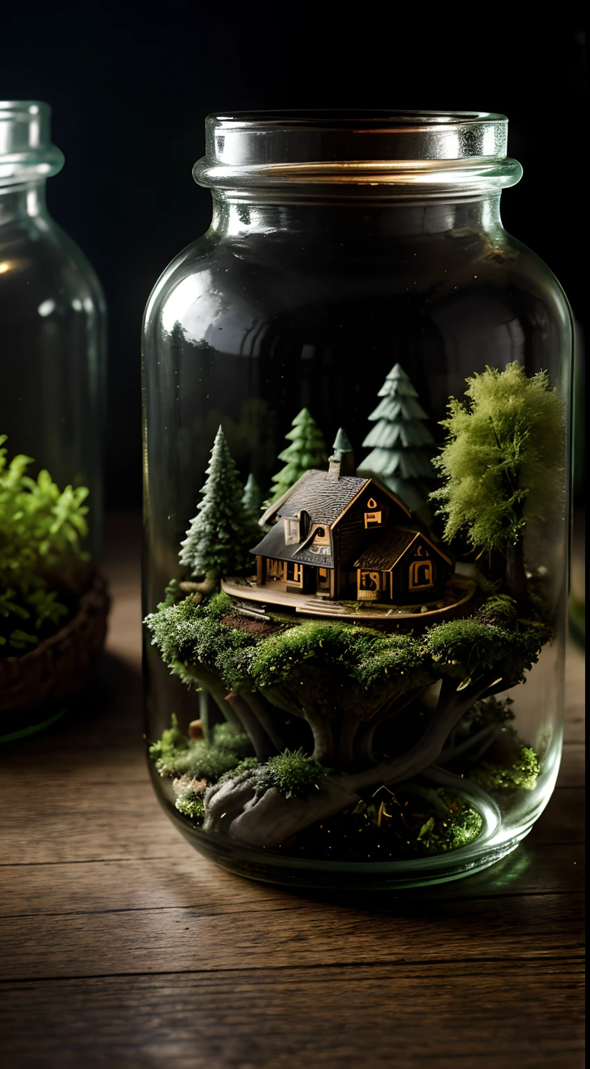 (Paysage miniature de ville forestière complexe piégé dans une bouteille), éclairage d&#39;ambiance olive, Sur une table, 4K Ultra HD, vibrations sombres, ultra - détaillé, Fond de forêt aux couleurs vives, composition épique, rendu par octane, netteté, Dessin isométrique haute résolution