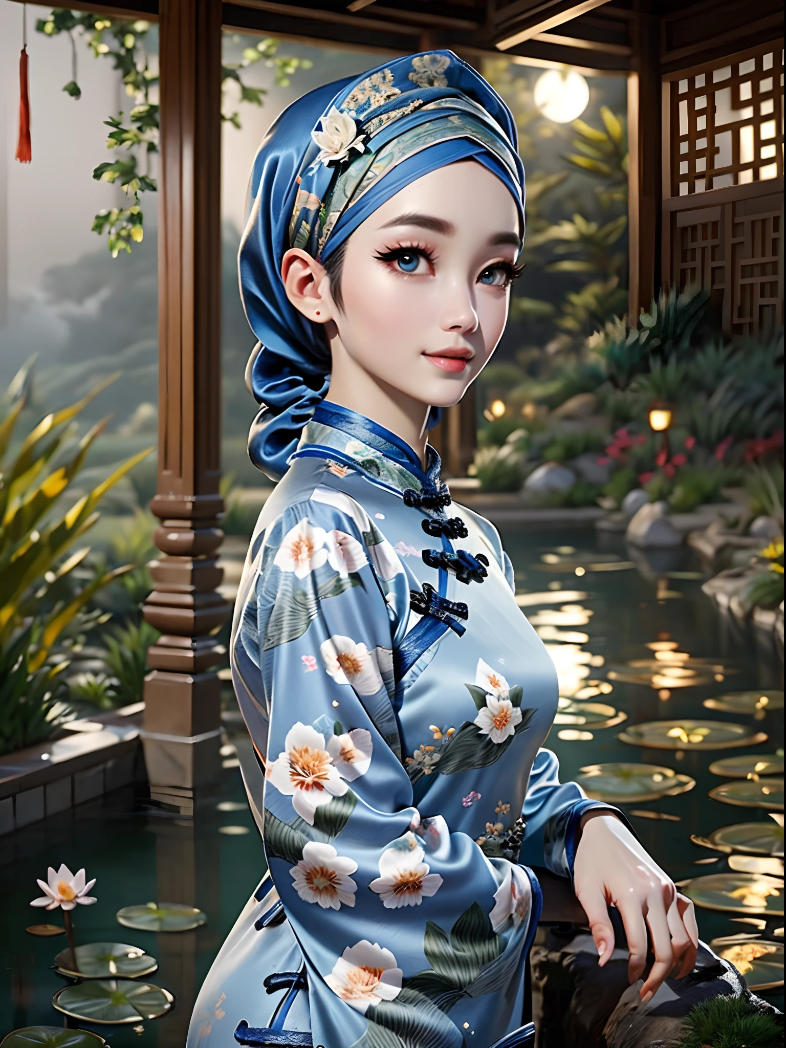 Masterpiece, Best Quality, 3D Rip Artwork, 3DMM Style, Portrait, Realism, a woman beautifully makeup, eyeshadow, Parted Lips, Detailed Eyes, beautiful big eyes, long eye lashes, smile wearing ((gray satin headscarf)), loosely tide hijab style, ((blue satin long sleeves cheongsam)), walking in followers garden, Chinese Ancient Architecture、Hazy moon、the night、trpical garden、bamboos、lakes、Stone、rockery、archs、nooks、rockery、The tree、flowingwater、scenecy、exteriors、waterfallr、grassy fields、Rochas、water lilies、hot onsen、water vapour、（illustratio：1.0）、Epic composition、Detail Enhancement，Detail enhancement。Realistic lighting