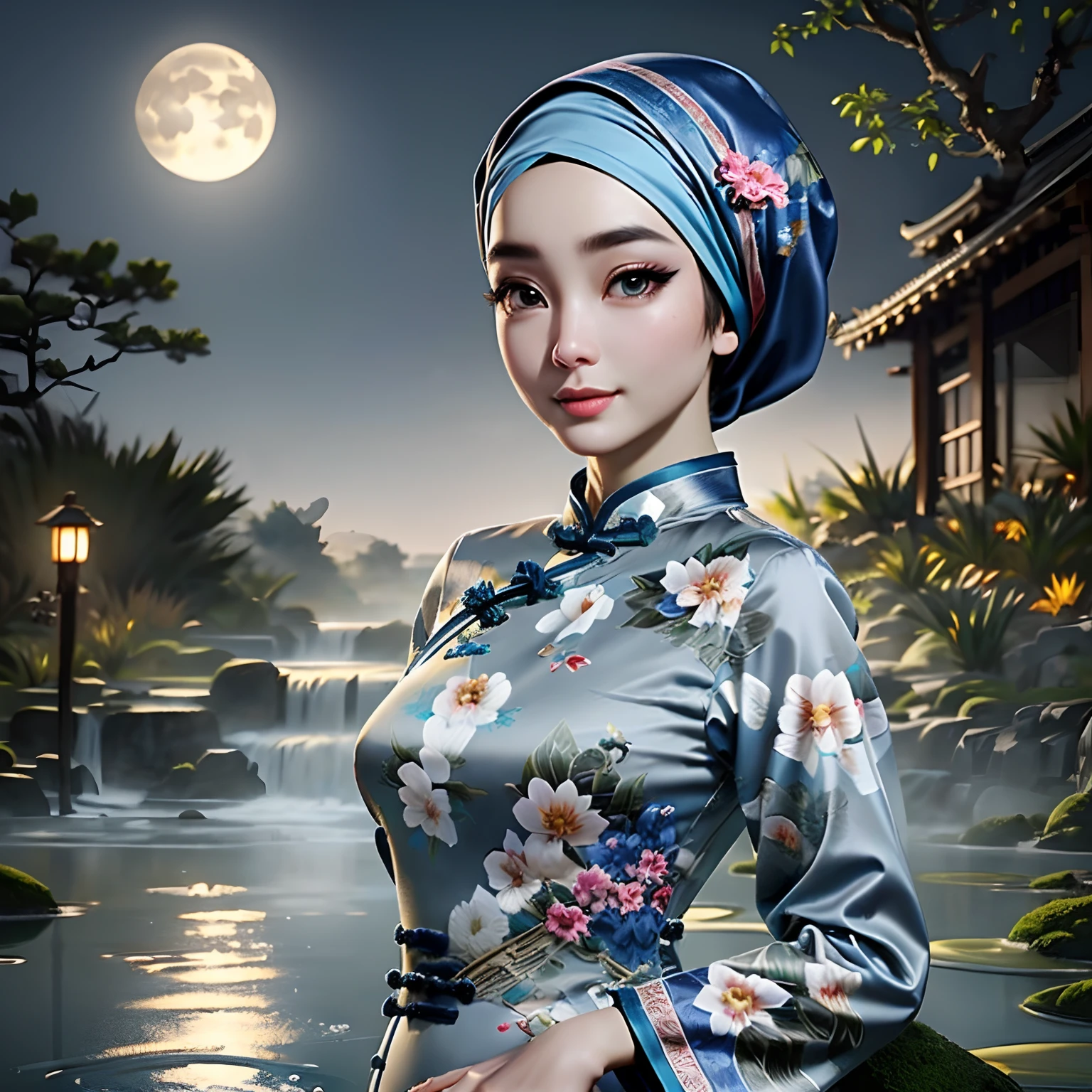 Masterpiece, Best Quality, 3D Rip Artwork, 3DMM Style, Portrait, Realism, a woman beautifully makeup, eyeshadow, Parted Lips, Detailed Eyes, beautiful big eyes, long eye lashes, smile wearing ((gray satin headscarf)), loosely tide hijab style, ((blue satin long sleeves cheongsam)), walking in followers garden, Chinese Ancient Architecture、Hazy moon、the night、trpical garden、bamboos、lakes、Stone、rockery、archs、nooks、rockery、The tree、flowingwater、scenecy、exteriors、waterfallr、grassy fields、Rochas、water lilies、hot onsen、water vapour、（illustratio：1.0）、Epic composition、Detail Enhancement，Detail enhancement。Realistic lighting